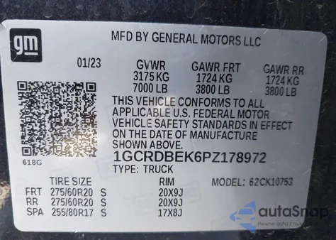 2023 Chevrolet Silverado 1500 4Wd Double Cab Standard Bed Custom из США, поврежденный, VIN 1GCRDBEK6PZ178972